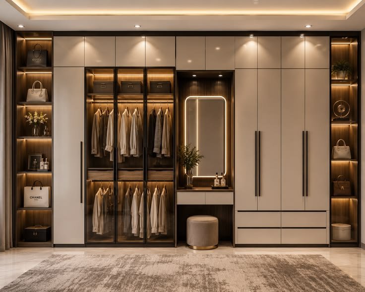 Luxury walk-in wardrobe with glass-front cabinets and lighting