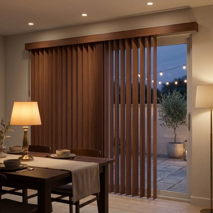 Wood-grain vertical blinds on a sliding glass door
