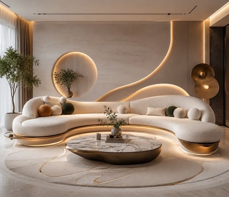 Luxury curved sofa with marble coffee table and feature lighting