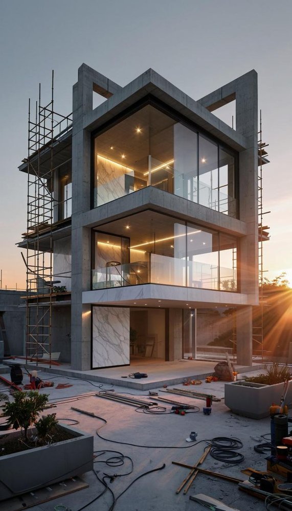 Modern concrete and glass building with marble cladding at sunset