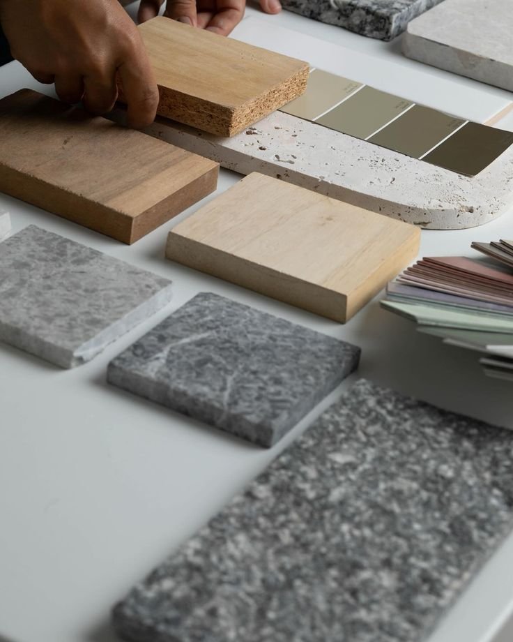 Material and finish samples: timber, stone and paint swatches