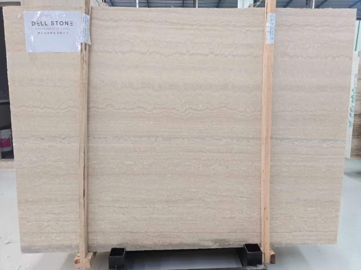 Marble Collection — Cream travertine slab with fine horizontal veining