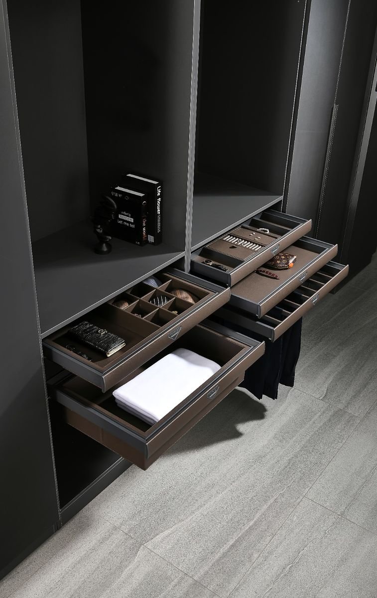 Musi Series — Dark wardrobe with leather-lined drawers and accessory trays